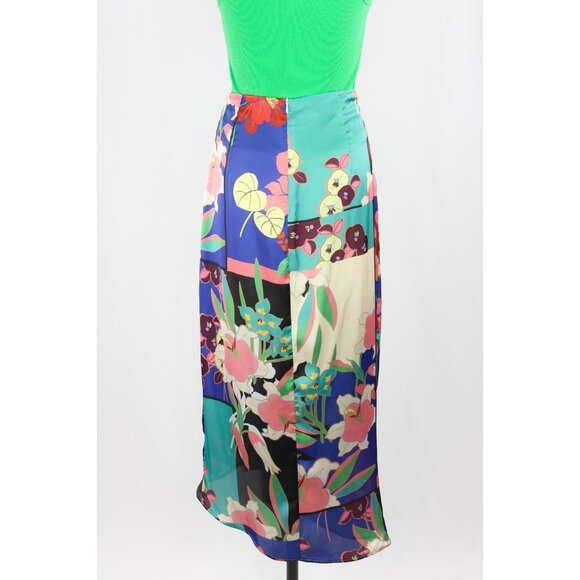 ZARA Floral Patchwork Print Satin Twill Knotted Maxi Pareo Sarong Skirt, Size S - Picture 4 of 16